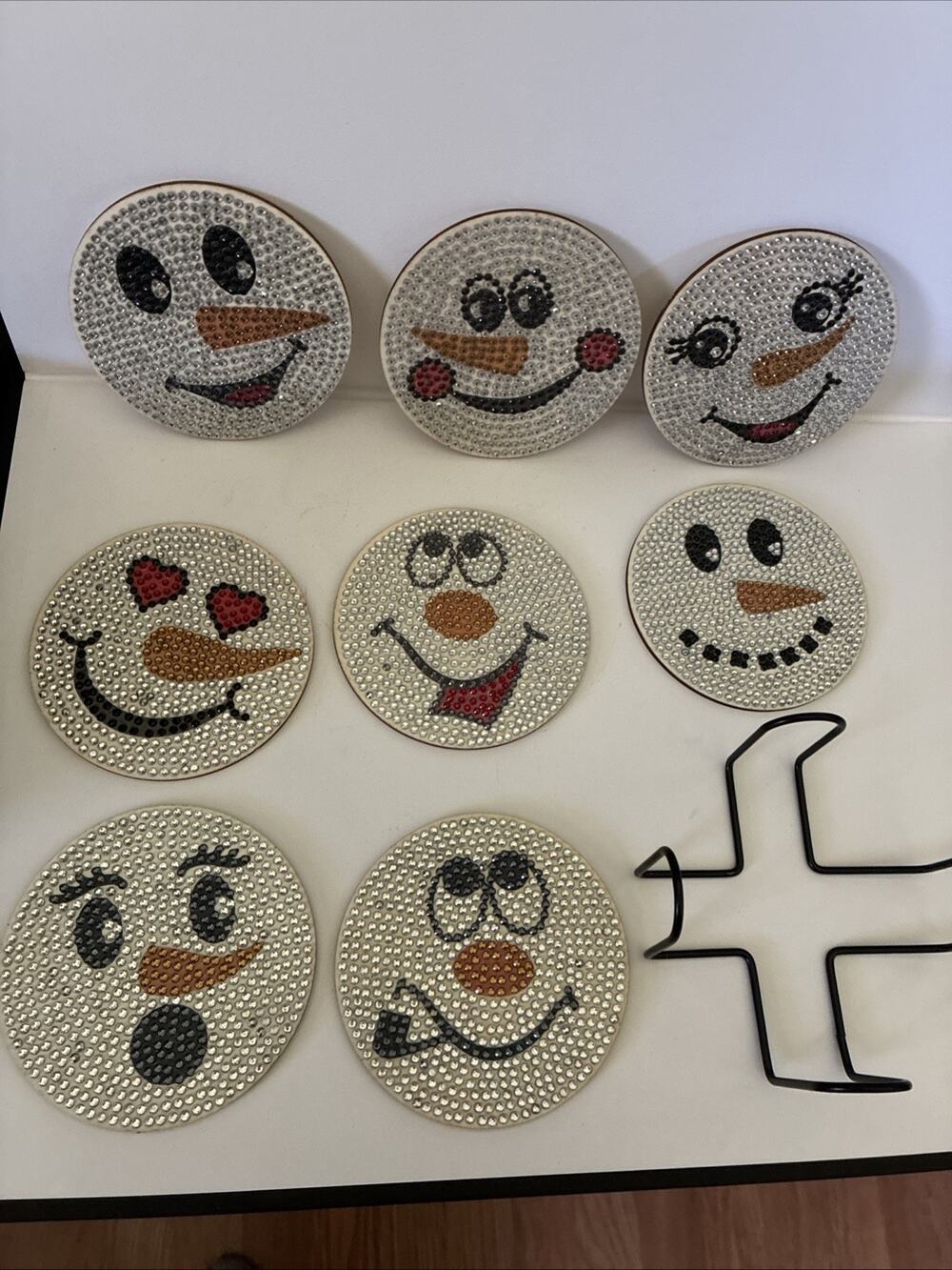 Handmade Diamond Dot Snowman Coaster Set Of 8